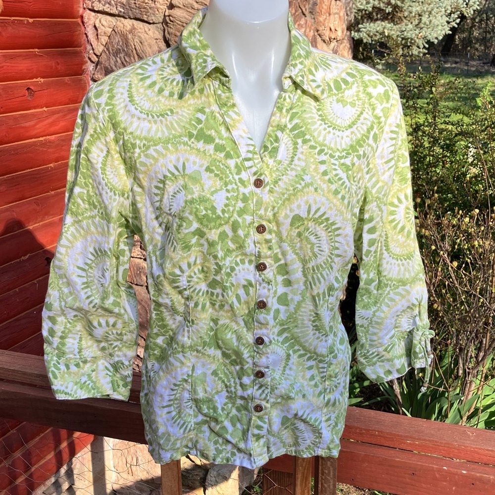 JM collection 100% linen batik button front shirt size 12